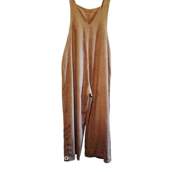 Lulu's Loose Fit Tan Linen Blend Overalls For Women With Adjustable Strap Button - Picture 1 of 10